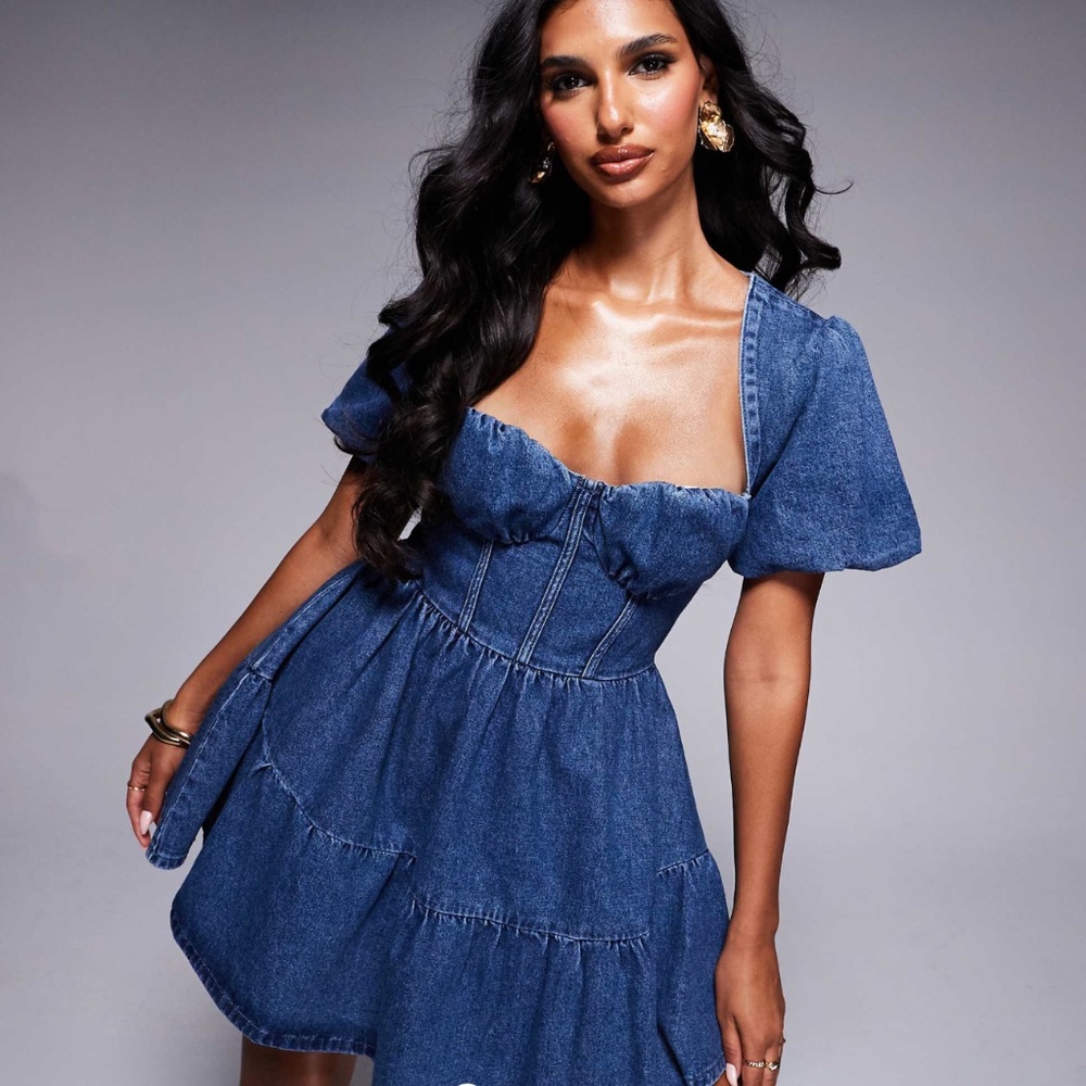 ASOS LUXE Denim puff sleeve corset mini skater dress in blue dark wash